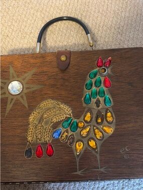Vintage Jeweled Rooster Wooden Handbag